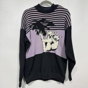 VTG Bugatchi Novelty Graphic Intarsia Sweater Sz M Black Artsy Unique Eclectic